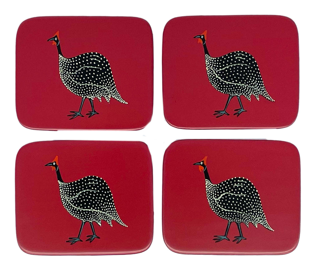 Rectangular Coasters, Original Guinea Fowl on Red, Set of 4