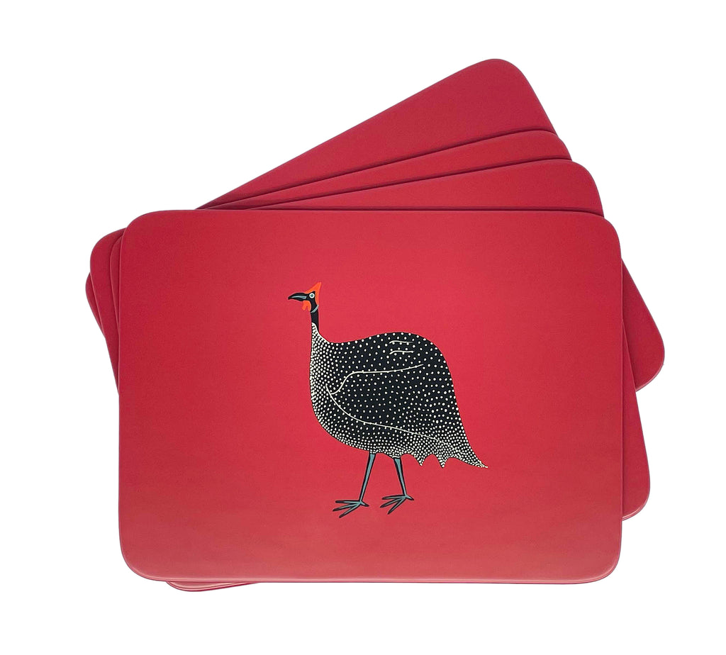 Table Mats, Original Guinea Fowl on Red, Set of 4