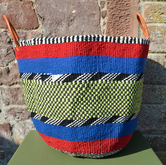 Extra Large Woollen Kiondo style Basket with leather handles. Two Red, Blue & Green Options