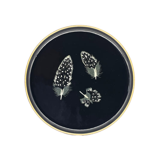 Small Round Tray, Guinea Fowl Feathers on Black