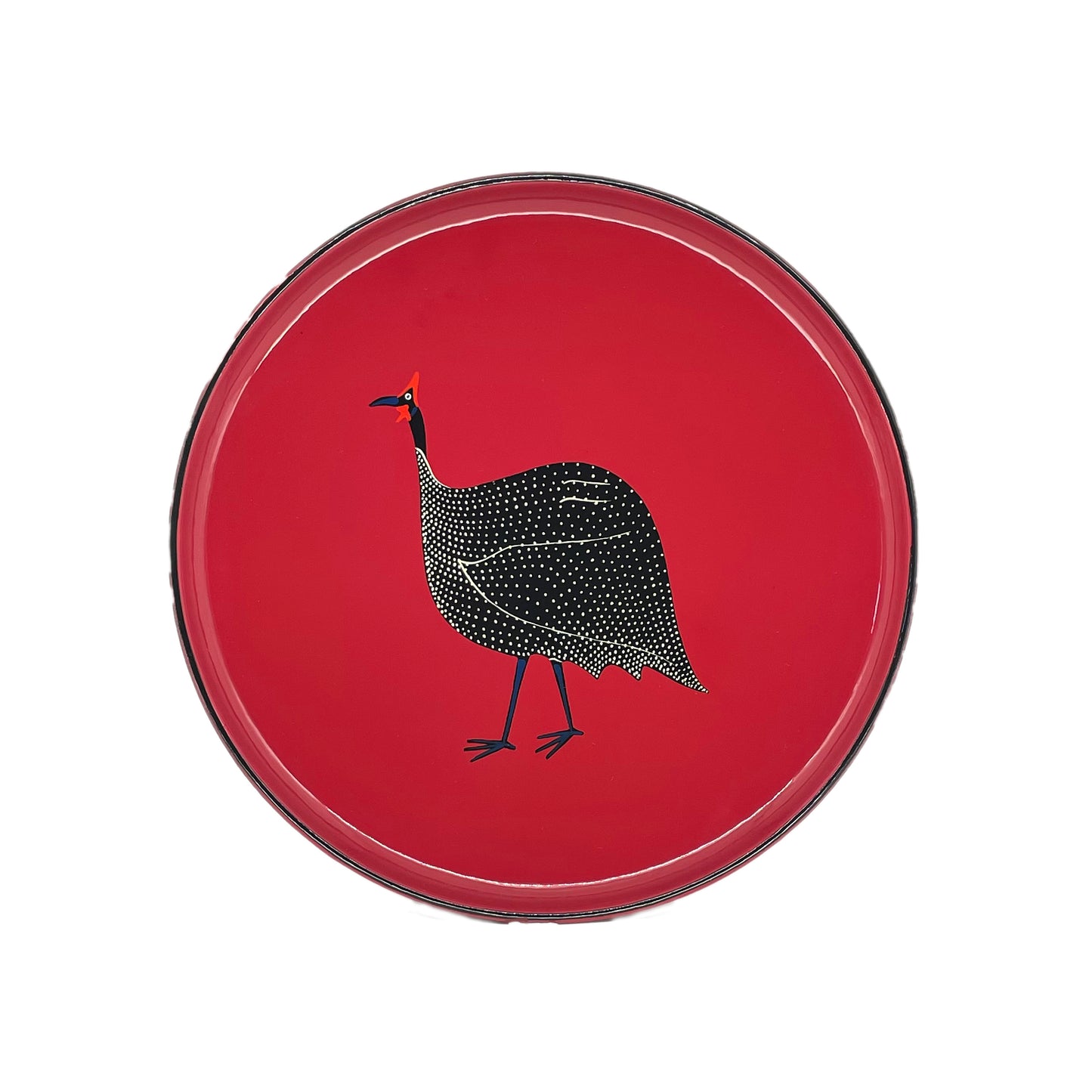 Small Round Tray, Guinea Fowl on Cherry Red