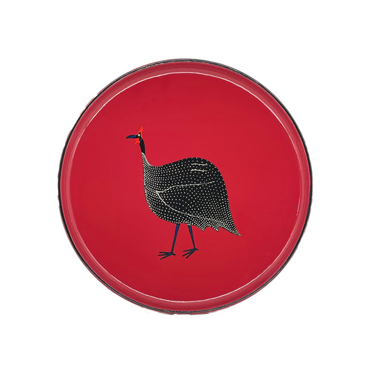 Small Round Tray, Guinea Fowl on Cherry Red