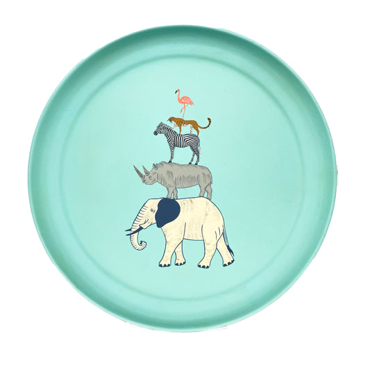 Large Round Tray Circus Animals on Pastel Blue