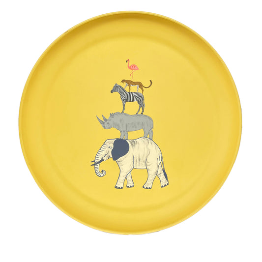 Large Round Tray Circus Animals on Pastel Yellow