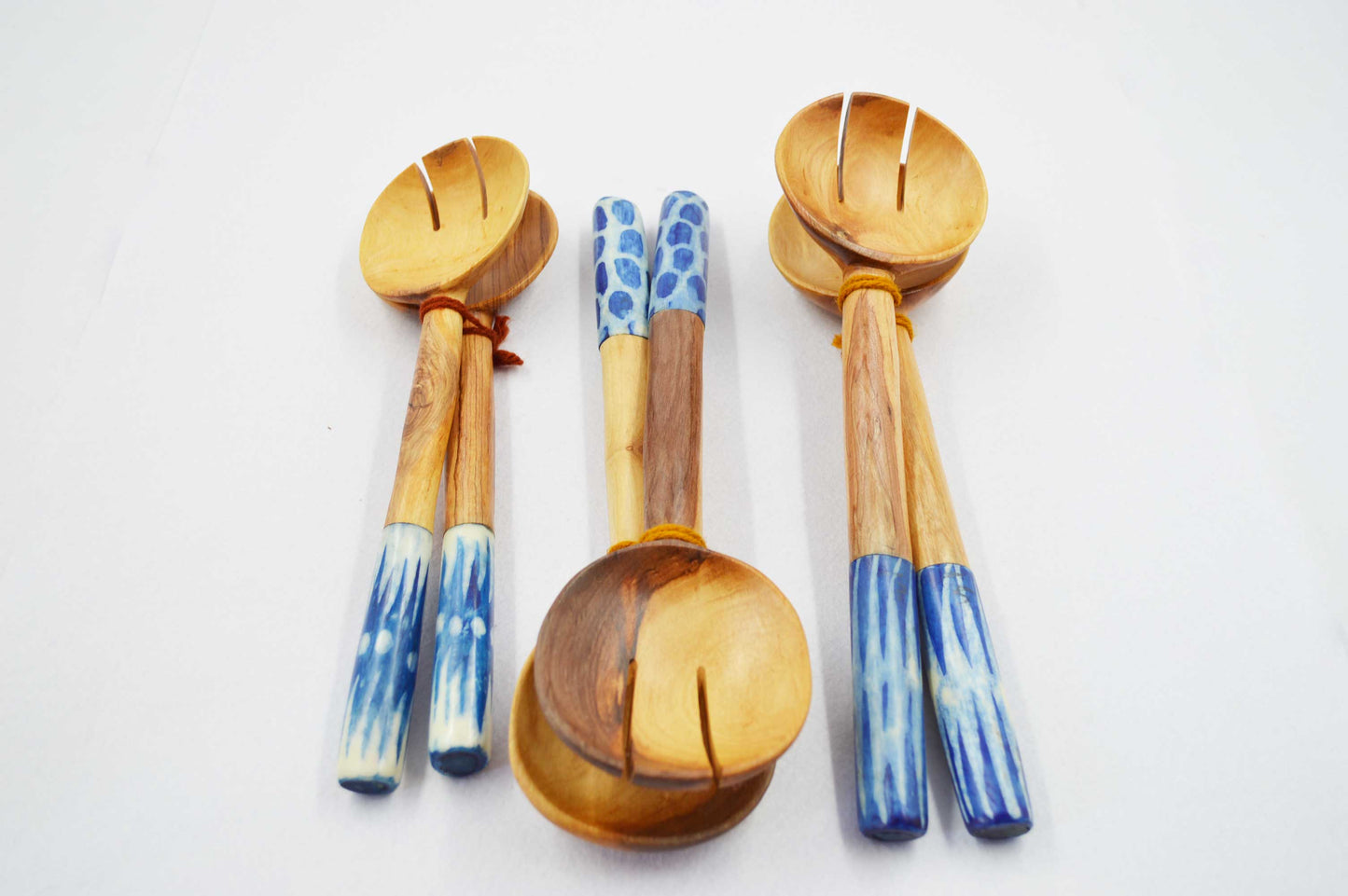 Chunky Olivewood Salad Servers with Blue Handles.