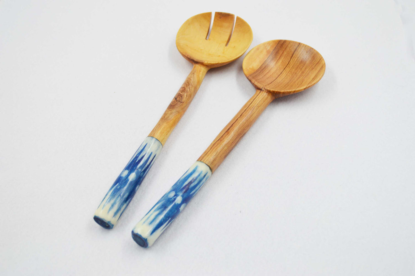 Chunky Olivewood Salad Servers with Blue Handles.