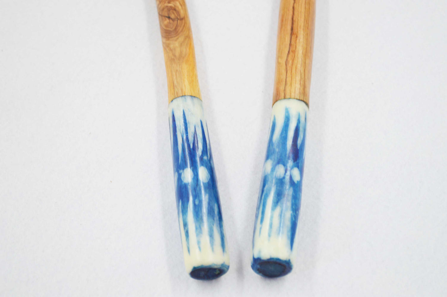 Chunky Olivewood Salad Servers with Blue Handles.