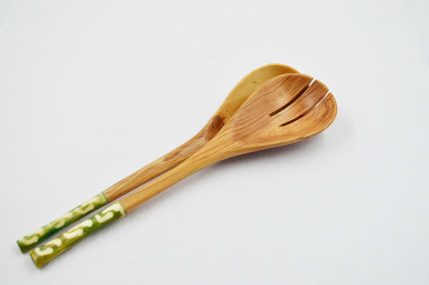 Regular Olive wood Salad Servers with Green Handles
