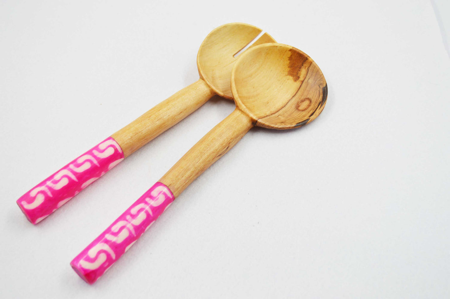 Chunky Olivewood Salad Servers with Pink Handles.