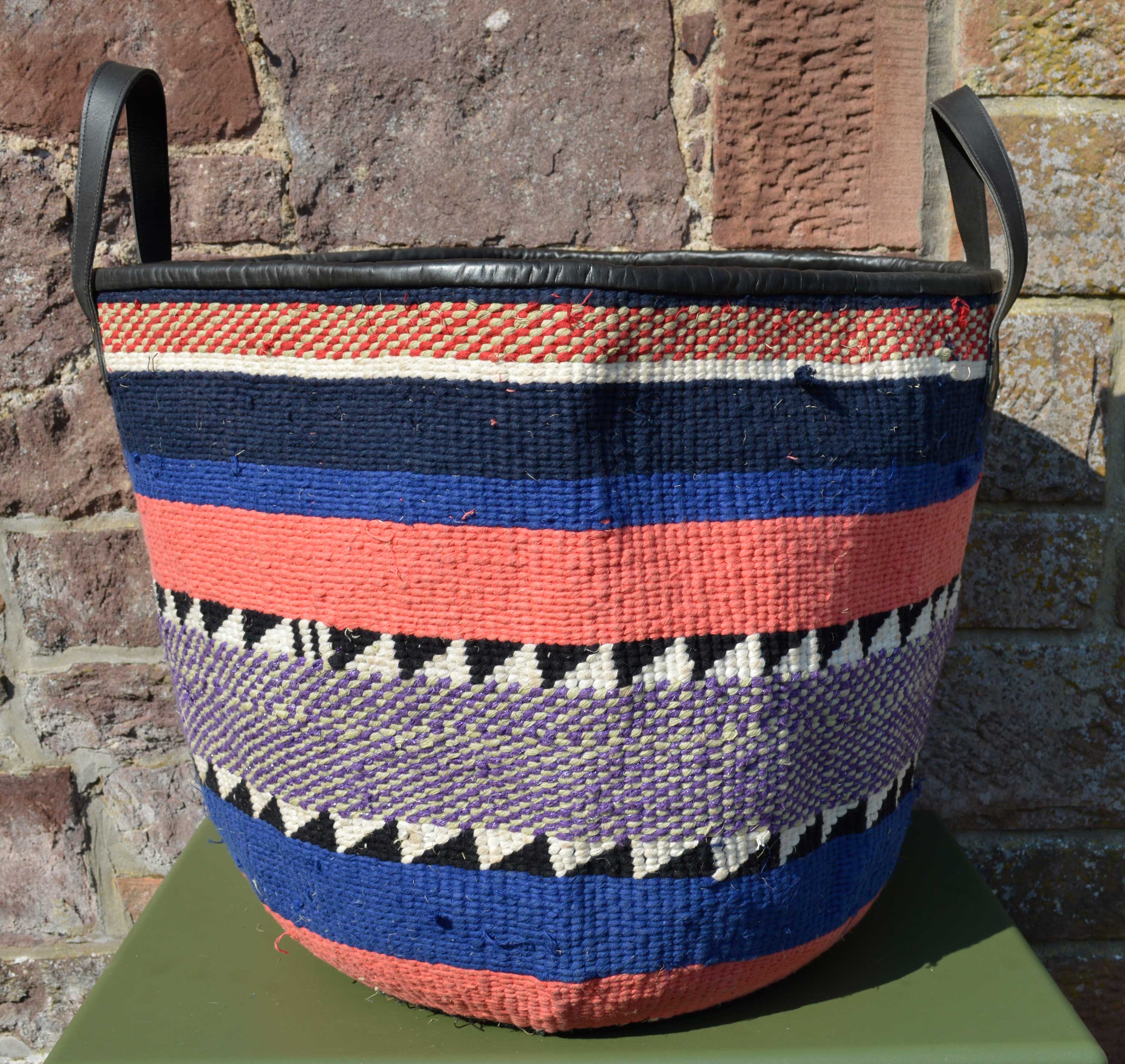 Giant Woollen Kiondo style Lined Basket with heavy duty Mocha leather trim & handles.Salmon pink, Blues B&W  Hoops
