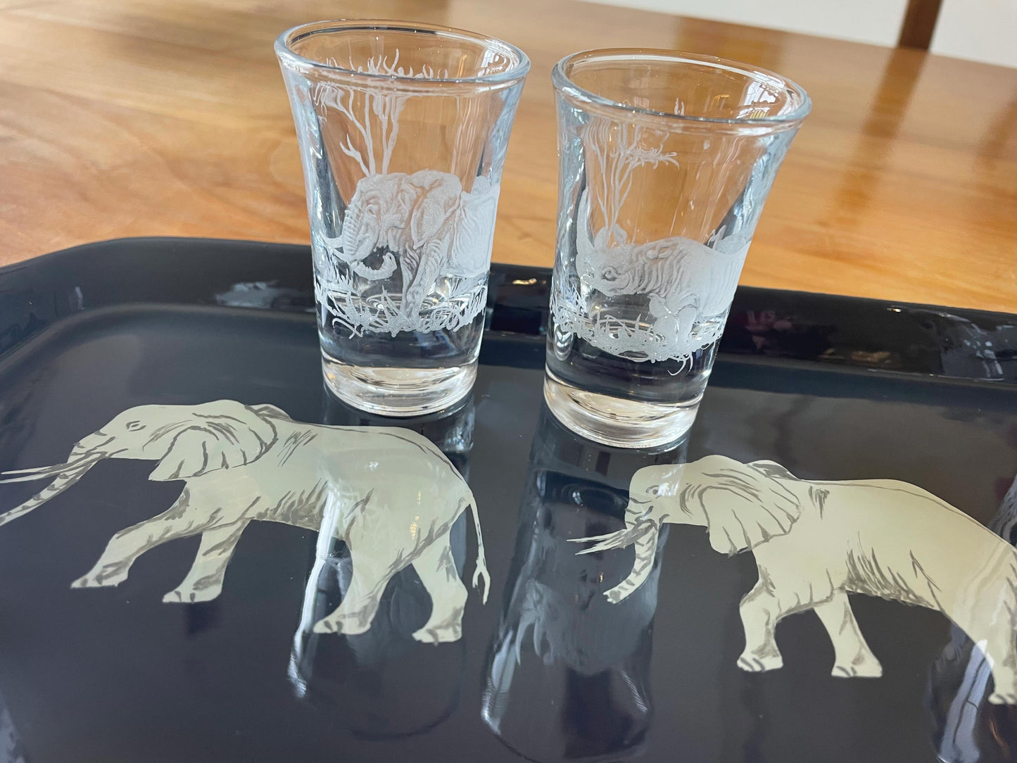 Mug Tray Hand Painted Grey Elephant on Black