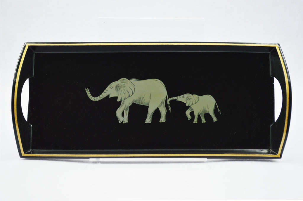 Small Drinks Tray Hand painted Mother & Baby Elephant on Black