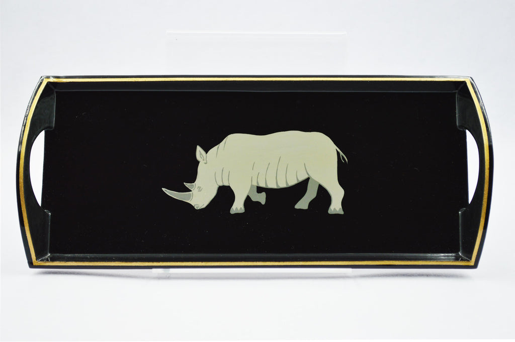 Small Drinks Tray Hand painted Grey Rhino on Black