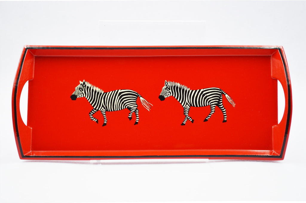 Small Drinks Tray Hand painted Zebras on Red