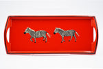 Small Drinks Tray Hand painted Zebras on Red