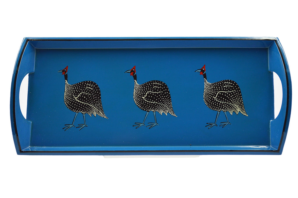 Small Drinks Tray Hand Painted Guinea Fowl on Blue