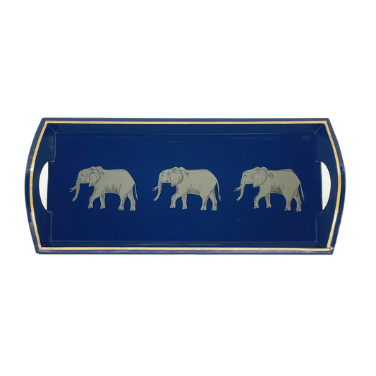 Wooden Mug Tray Hand Painted Grey Elephant on Blue