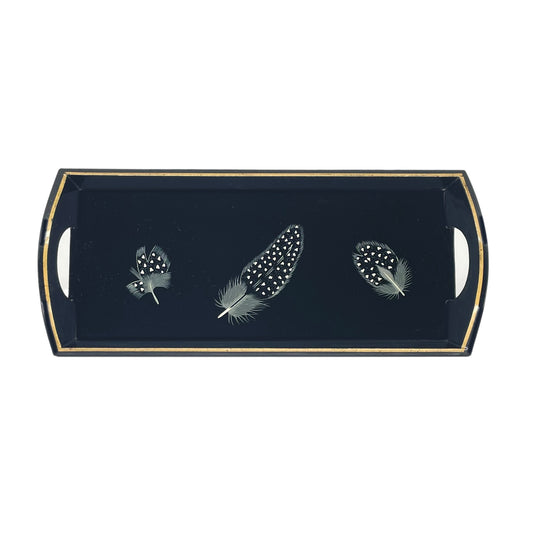 Wooden Mug Tray Hand Painted Guinea Fowl feathers on Black