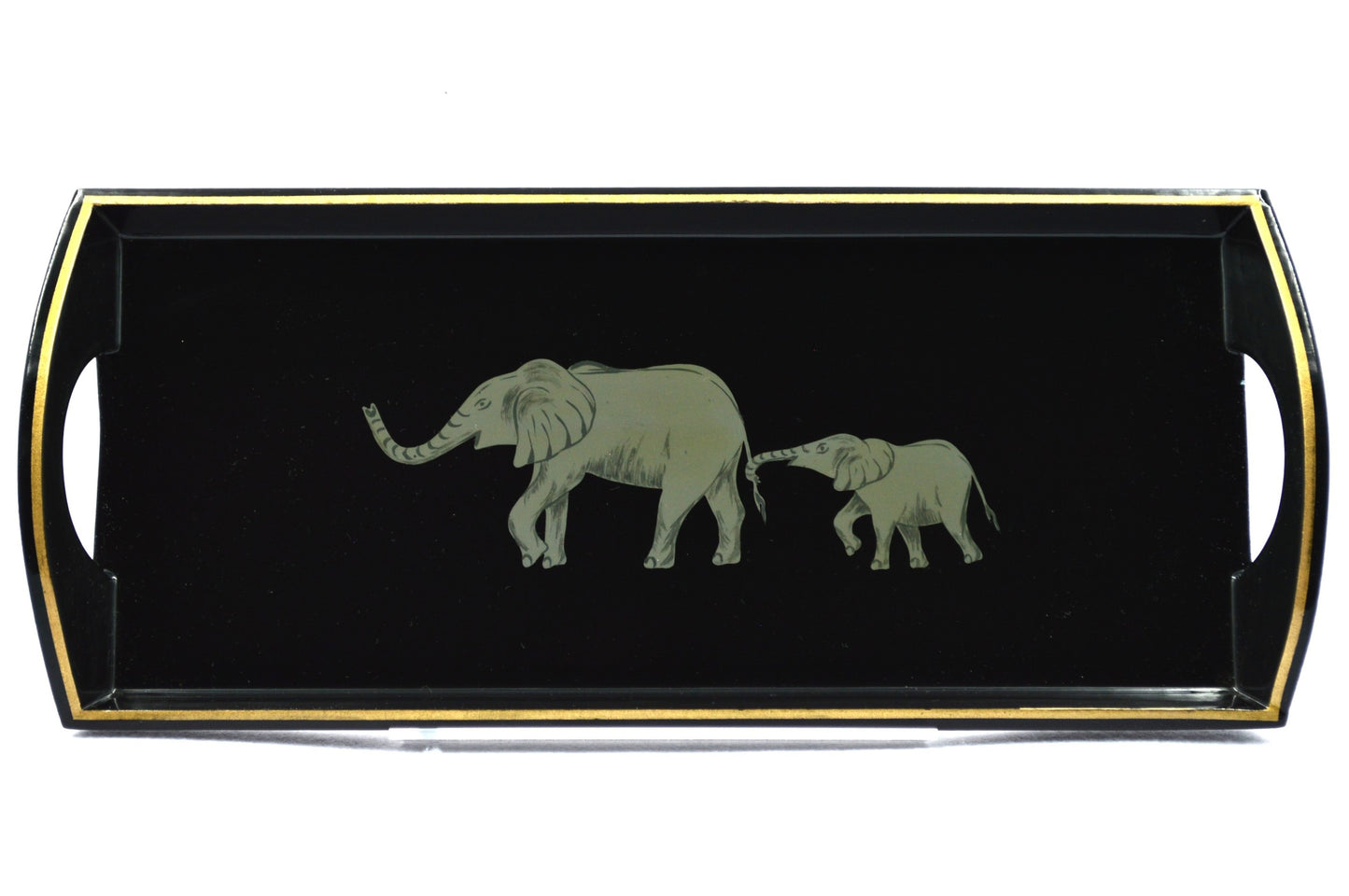 Small Drinks Tray Hand painted Mother & Baby Elephant on Black