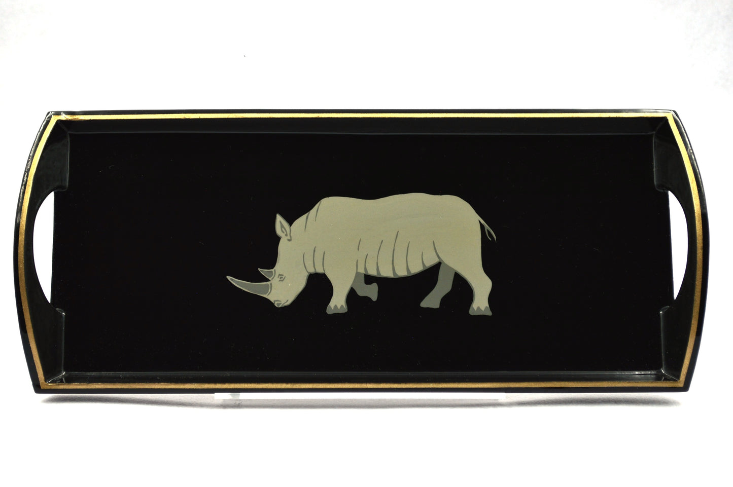 Small Drinks Tray Hand painted Grey Rhino on Black