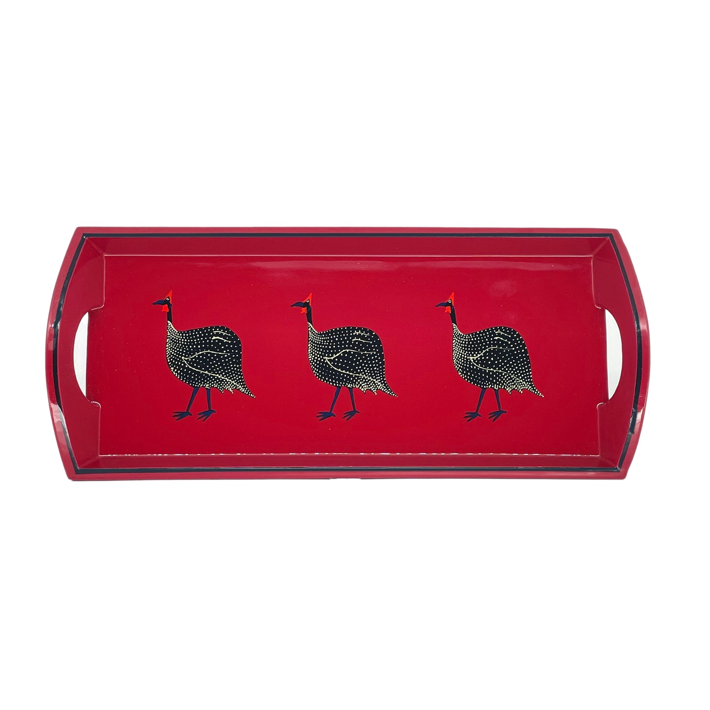 Wooden Mug Tray Hand painted Guinea Fowl on Red