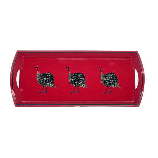 Wooden Mug Tray Hand painted Guinea Fowl on Red