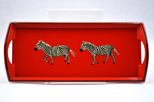Small Drinks Tray Hand painted Zebras on Red