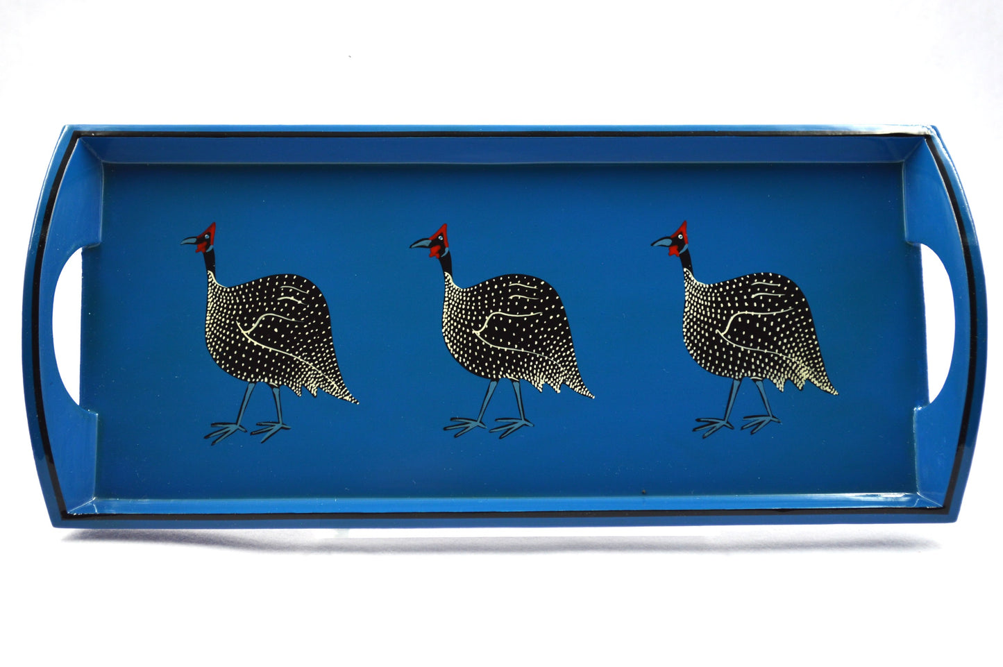 Small Drinks Tray Hand Painted Guinea Fowl on Blue