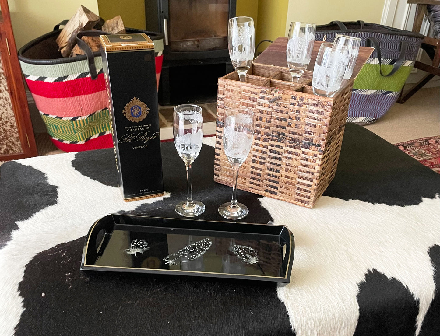 Small Drinks Tray Hand painted Guinea Fowl Feathers on Black