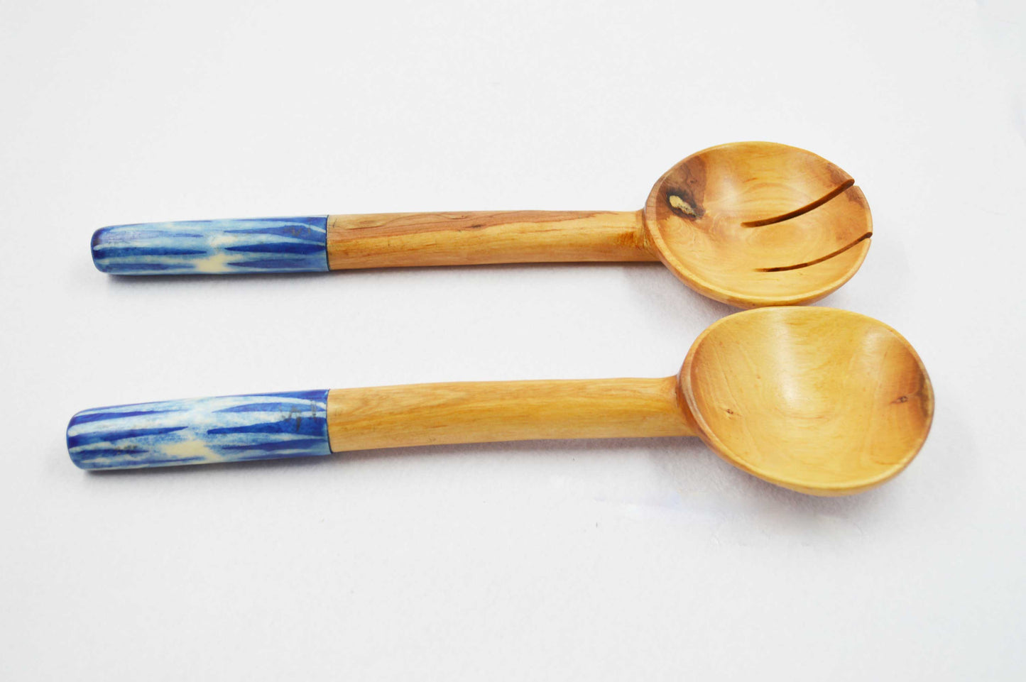 Chunky Olivewood Salad Servers with Blue Handles.