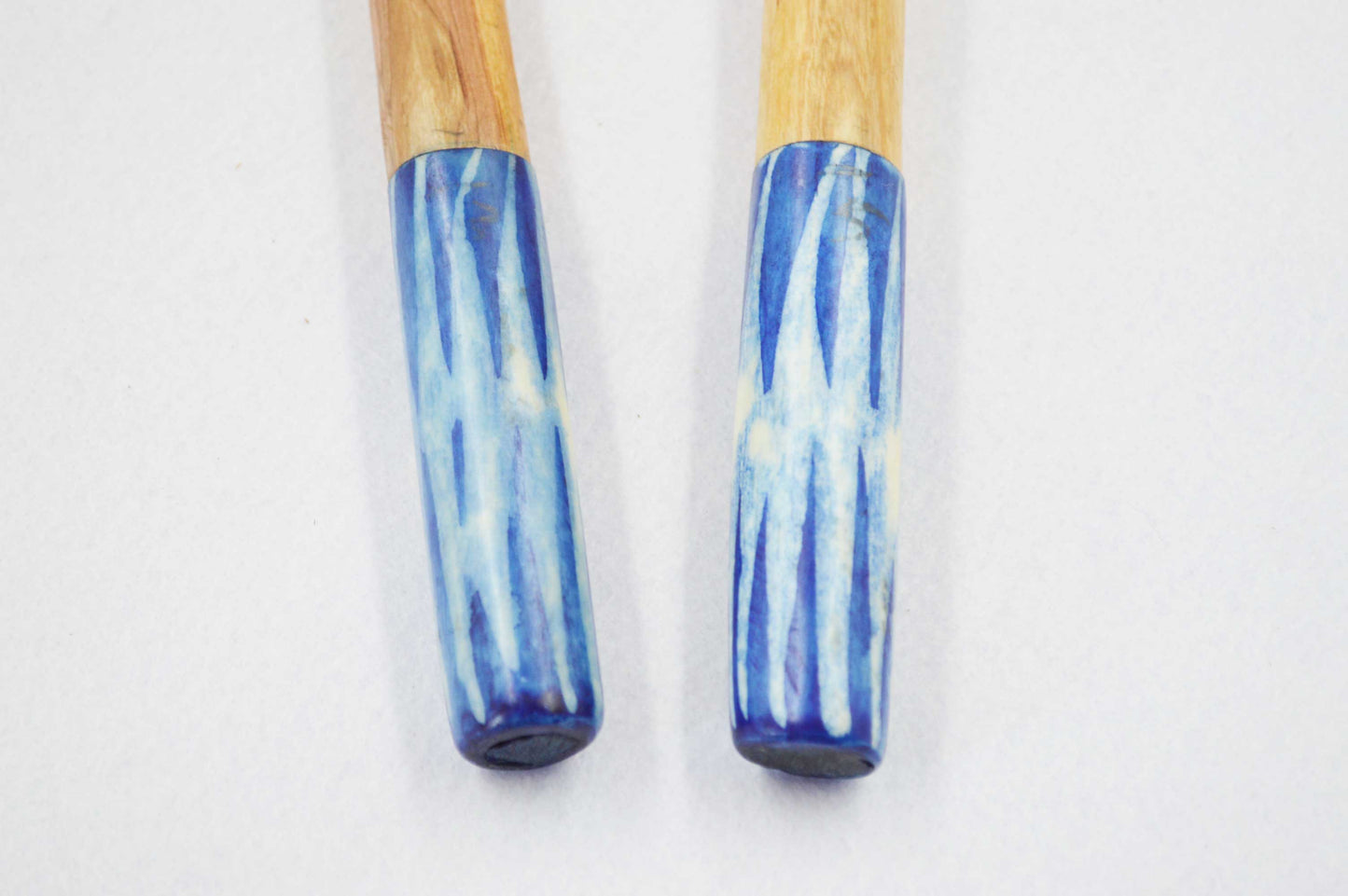 Chunky Olivewood Salad Servers with Blue Handles.