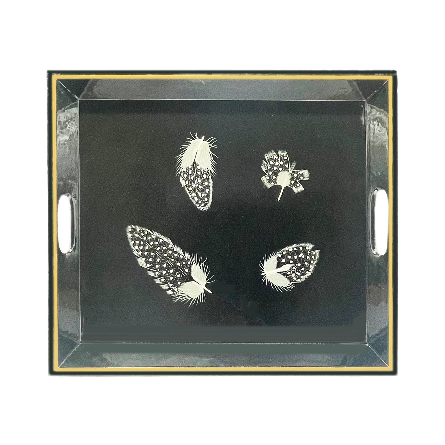 Tea Tray Guinea Fowl Feather on Black