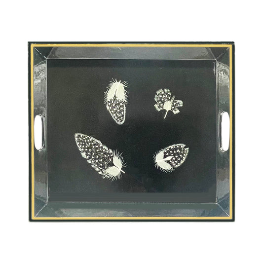 Tea Tray Guinea Fowl Feather on Black