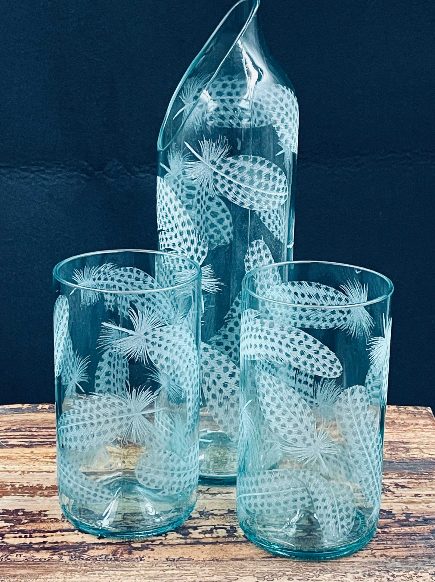 Hand Engraved recycled Glasses with Feathers