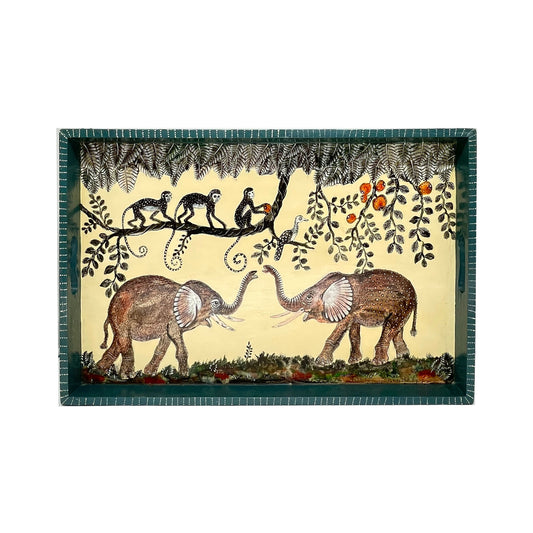 Naive Art Tray - Ex Large - Elephants & Monkeys