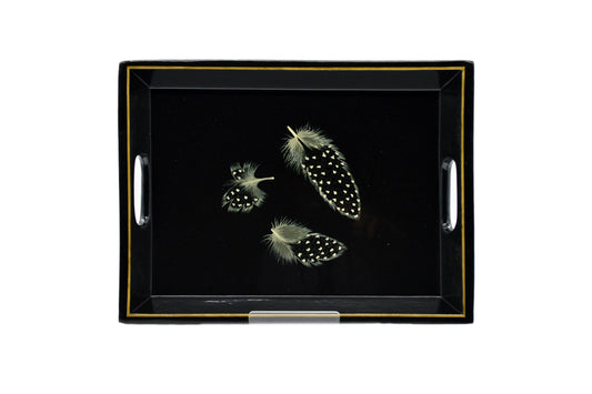 Drinks Tray Hand Painted Guinea Fowl Feathers on Black