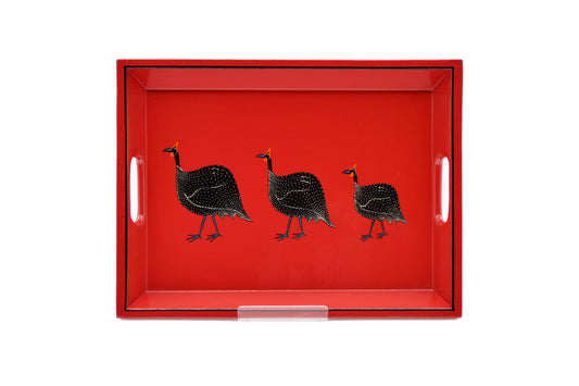 Drinks Tray Hand Painted Guinea Fowl on Red
