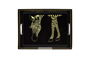 Drinks Tray Hand Painted Zebra eating on Black