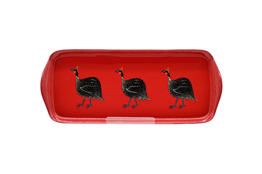 Mug Tray Hand Painted Original Guinea Fowl on Red