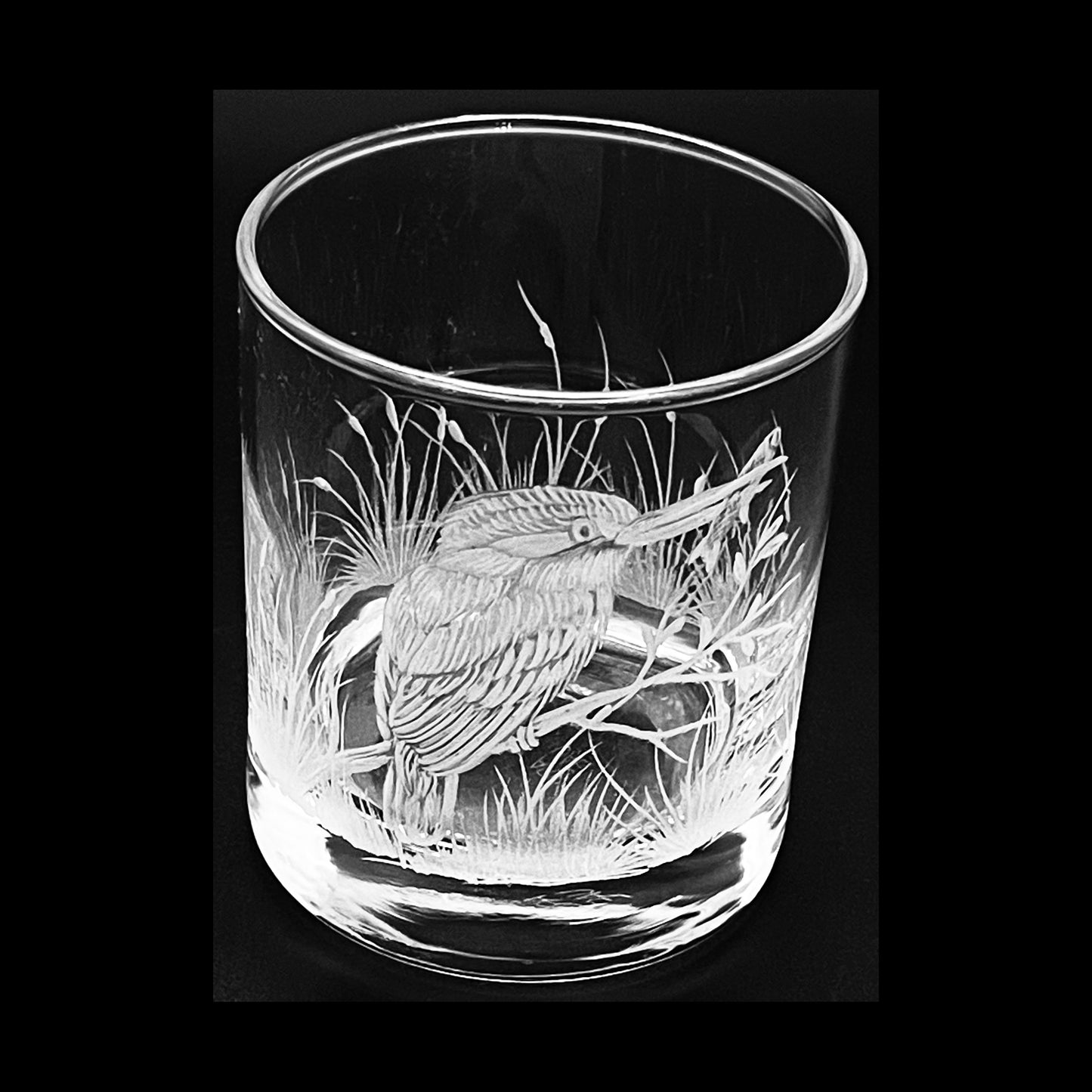 Water/Whisky Tumbler Glasses, Engraved with Kingfisher Birds