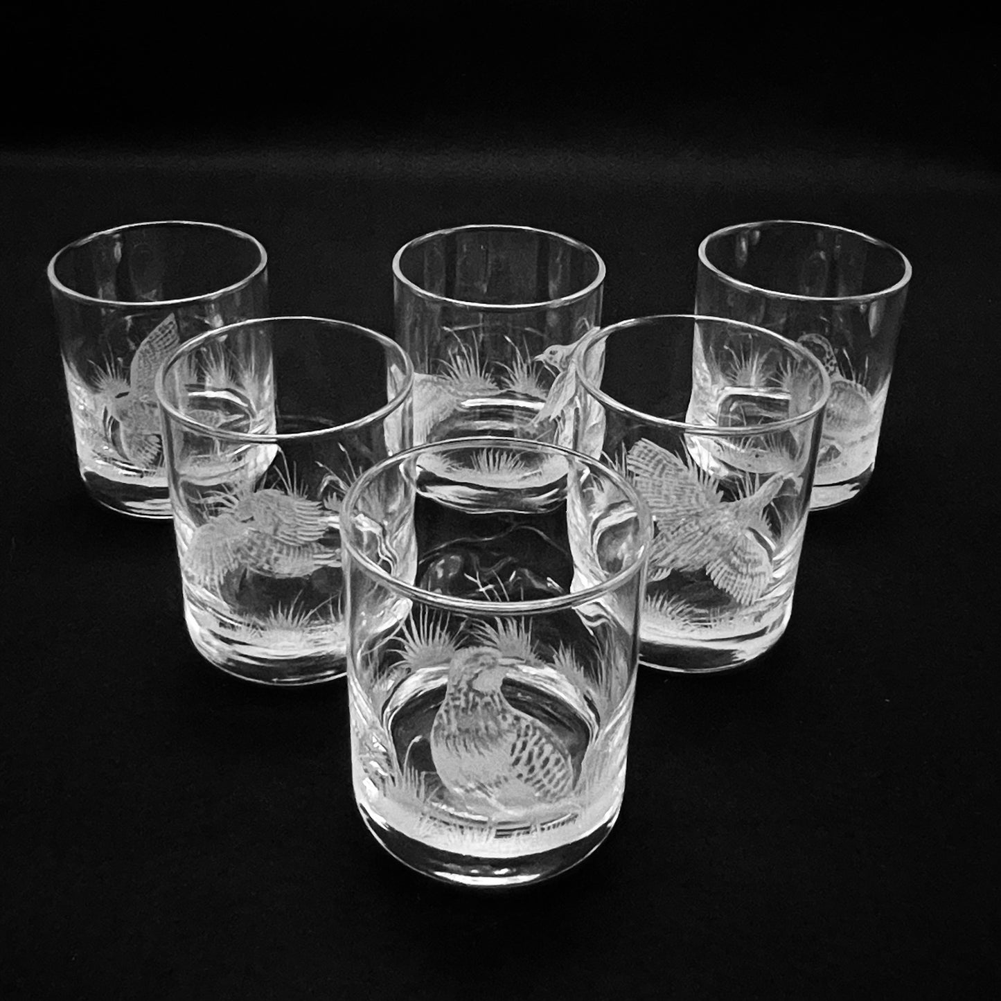 Water/Whisky Tumbler Glasses, Engraved with Partridge Birds