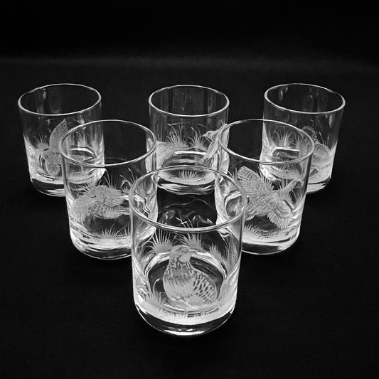 Water/Whisky Tumbler Glasses, Engraved with Partridge Birds