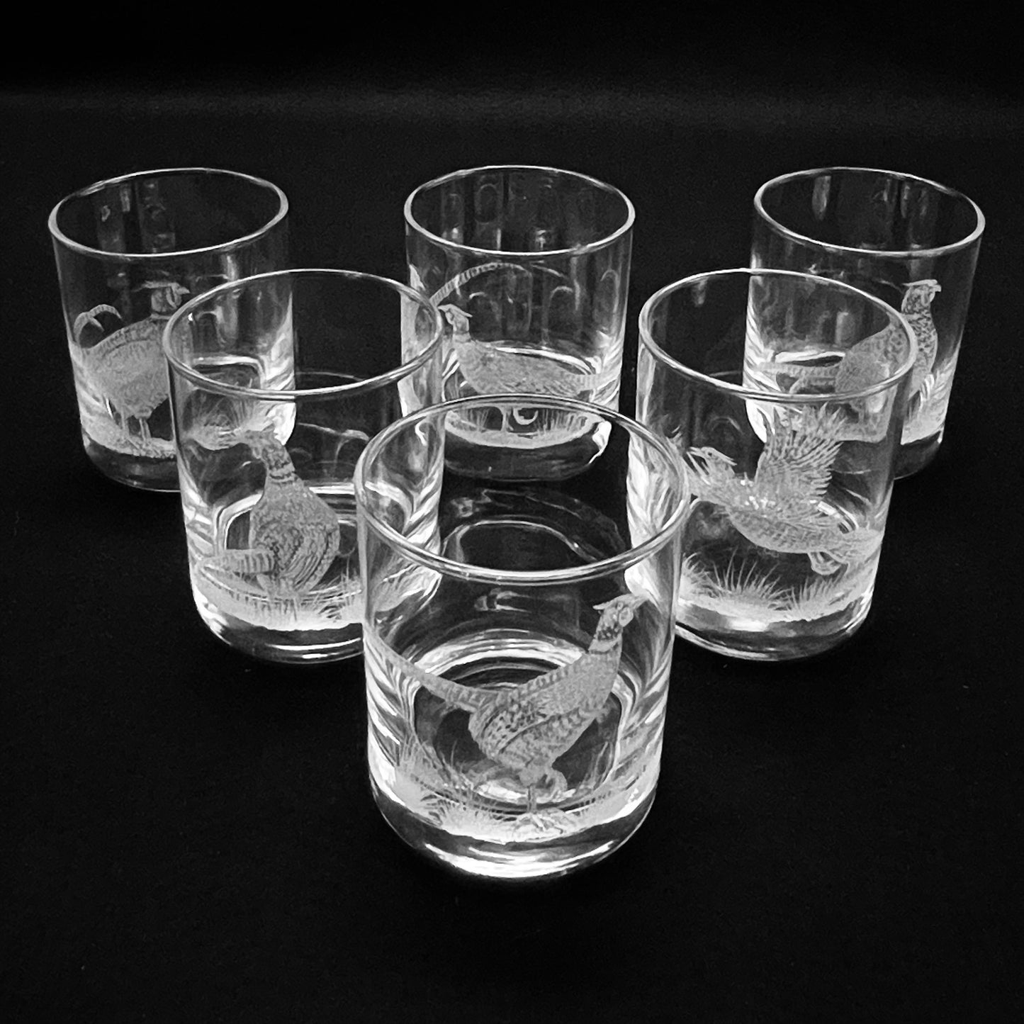 Water/Whisky Tumbler Glasses, Engraved with Pheasant