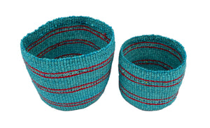Large & Medium Beaded Fine Sisal Basket Containers-Turquoise