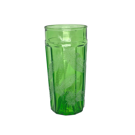 Vase, Green Glass engraved with Guinea Fowl Feathers