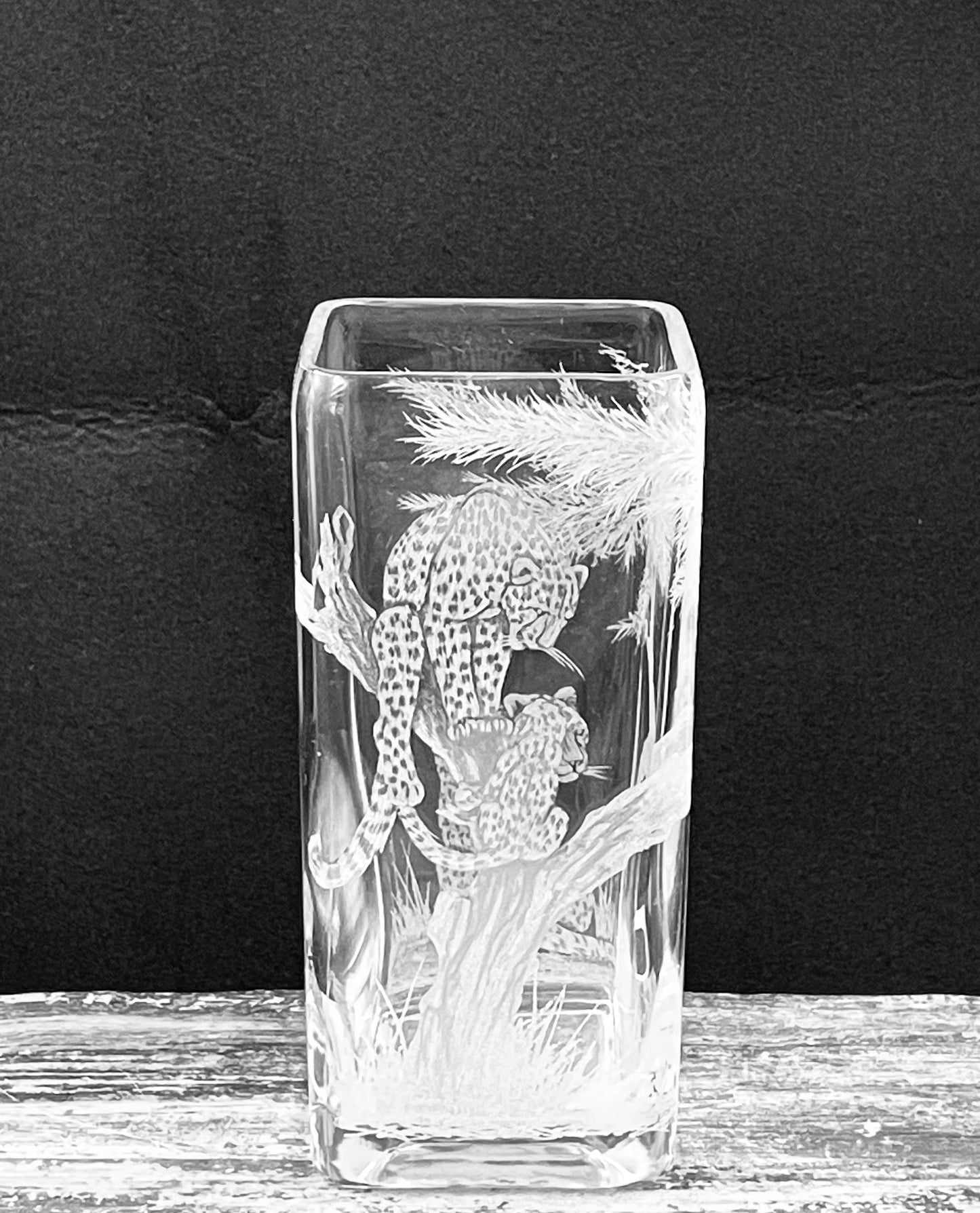 Vase, Square Engraved Leopard in Tree