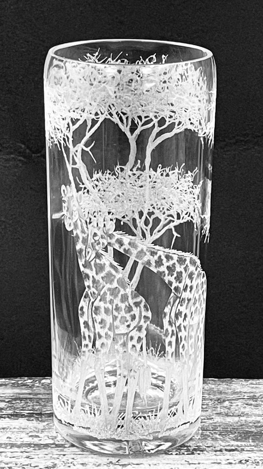 Vase, Cylindrical Engraved Giraffe Family
