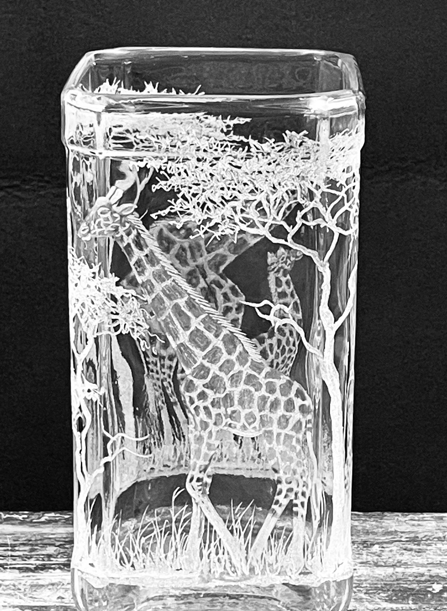 Vase, Square Engraved Giraffe Family