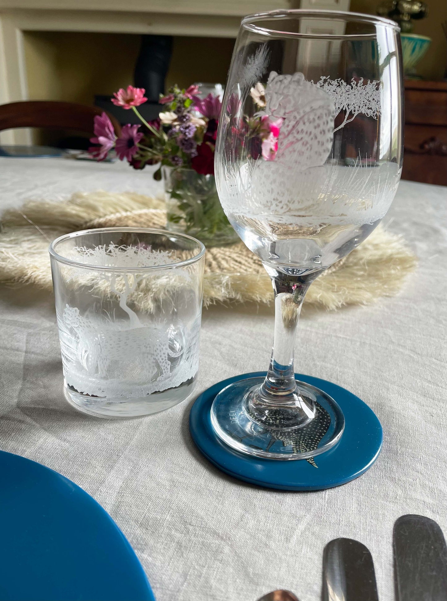 Wine Glasses, Engraved with African Animals in Banana Fibre presentation Box