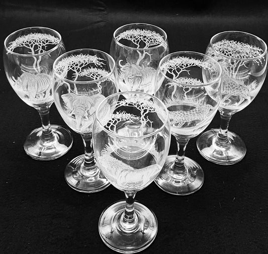 Wine Glasses, Engraved with African Animals in Banana Fibre presentation Box